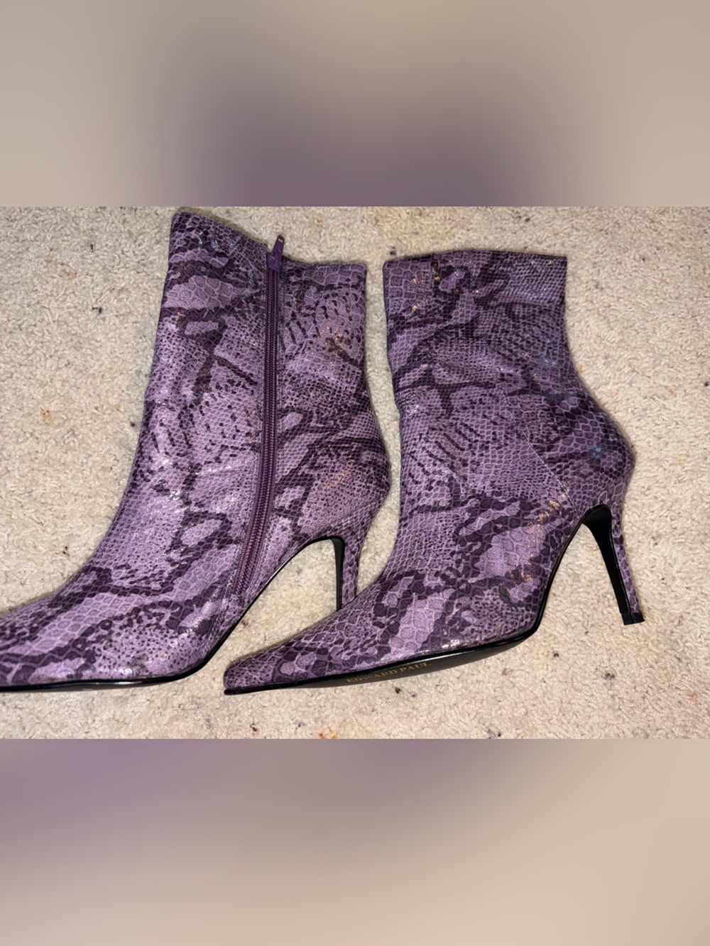 Edward Paul Purple Snake-Print Pointed Toe Ankle Boots size 8.5